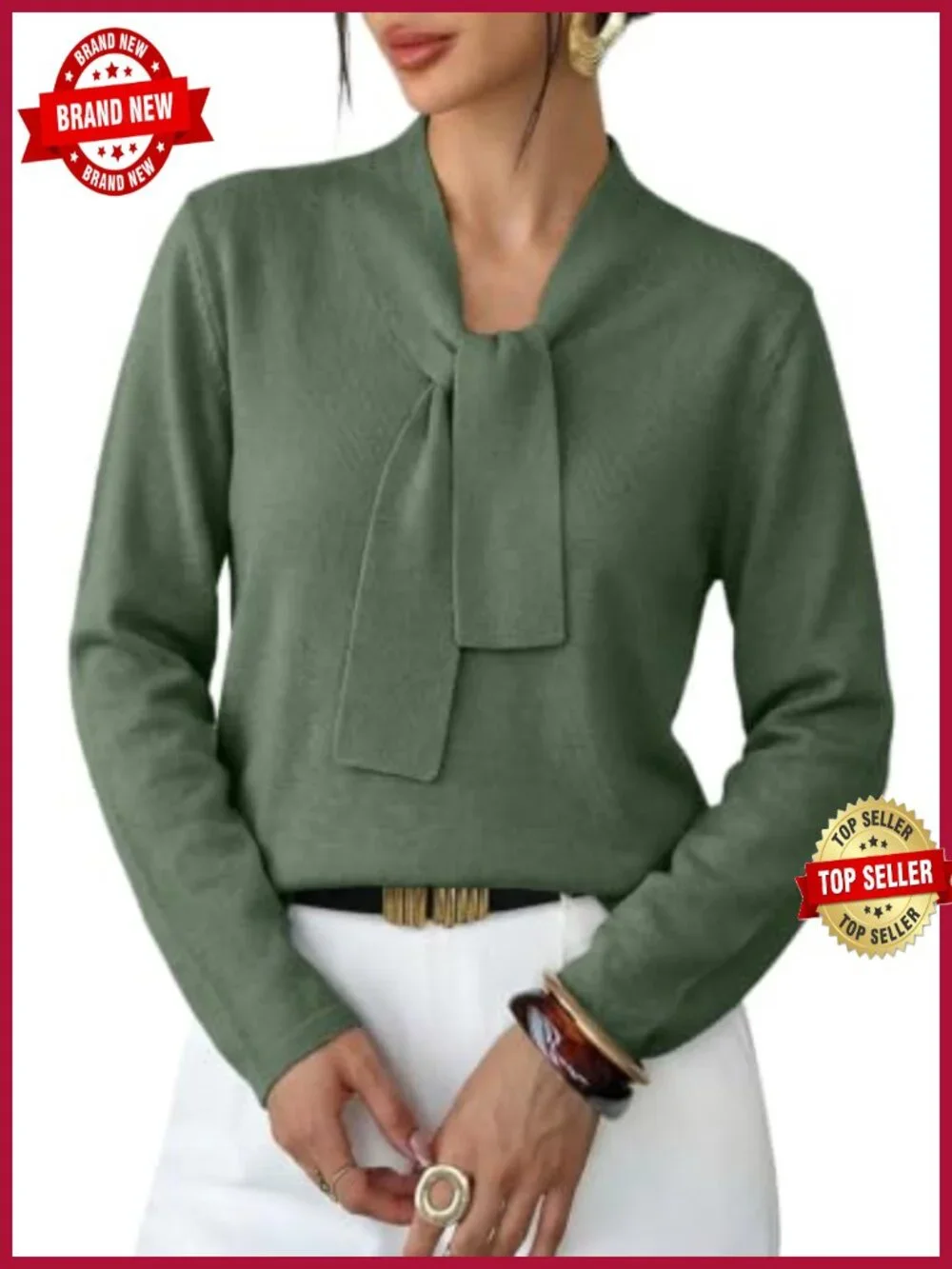 Women's Knit Pullover Sweater Elegant Knot Neckline Business Casual Long Sleeve